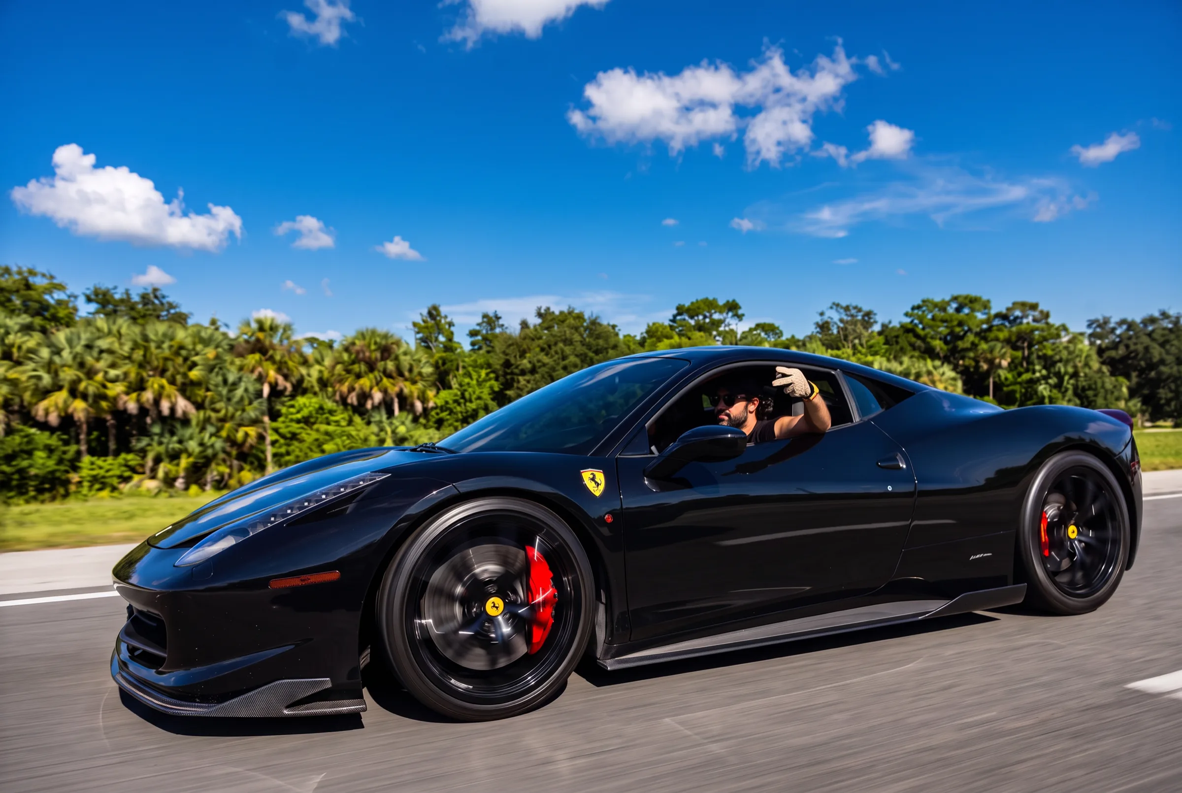 DAO leading the convoy from a black Ferrari 458 on a Miami highway