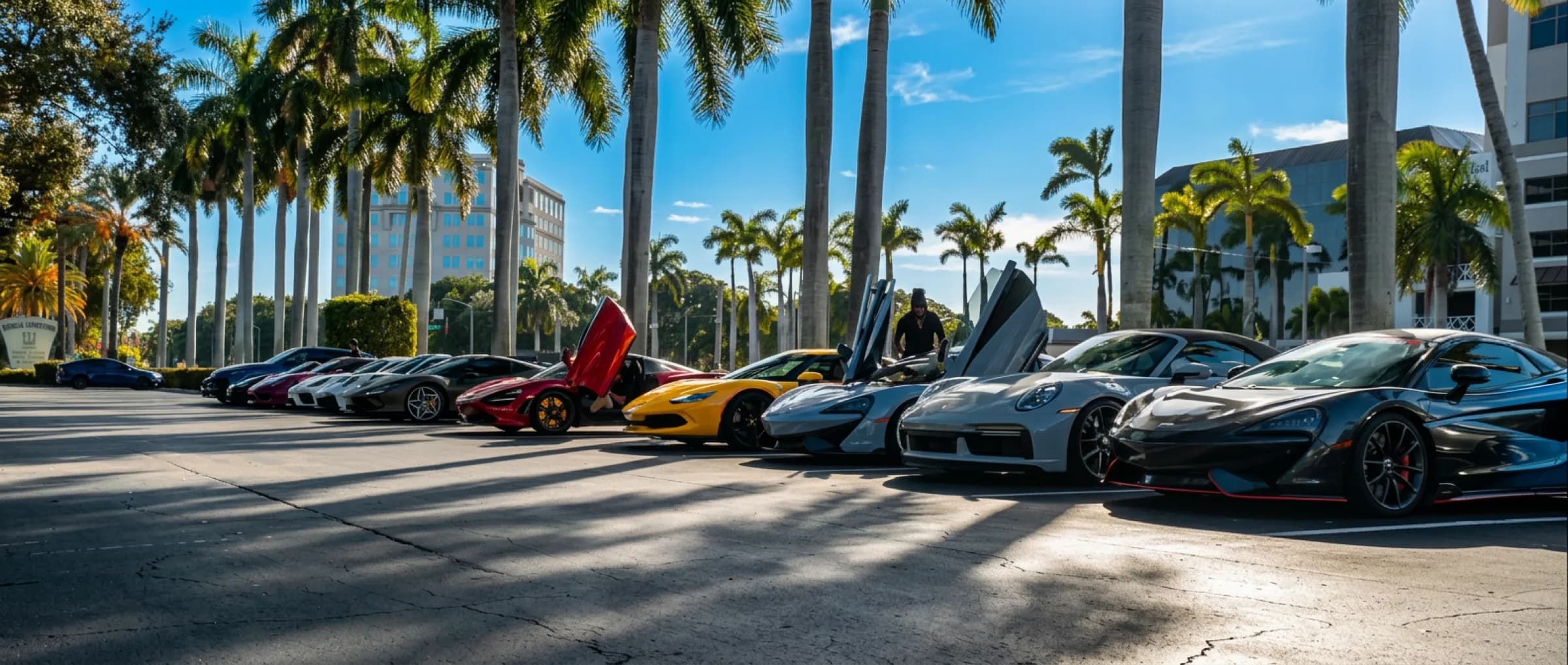 The cars parked together under palms after the drive