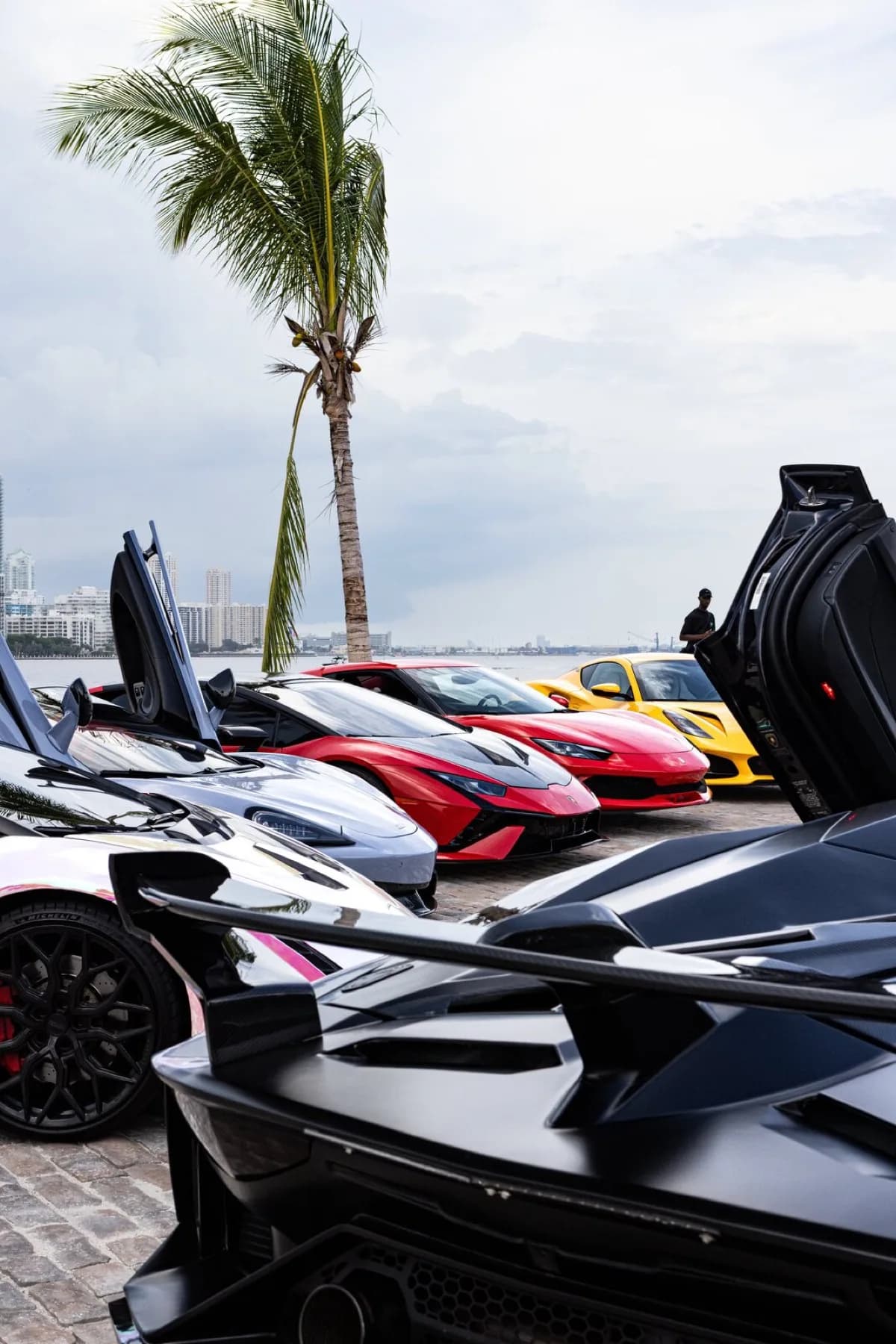 A lineup of supercars parked nose to nose along the Miami waterfront with the skyline behind them.