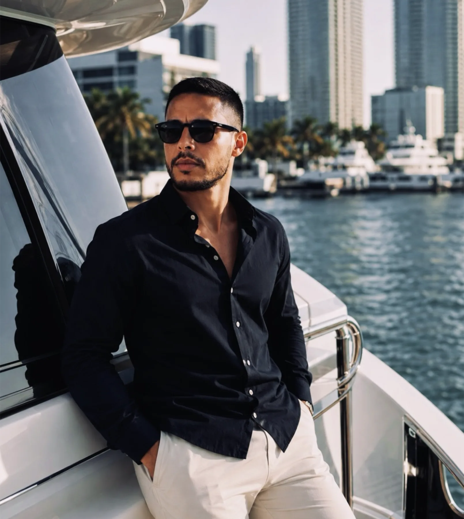 Rodrigo Reyes aboard a yacht on the Miami waterfront, downtown skyline behind him.